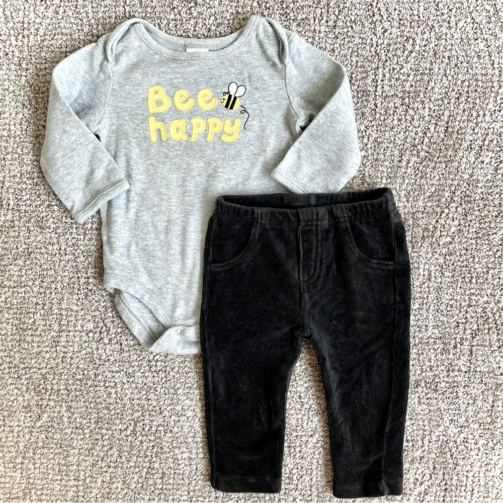 Bundle of 2 | Gymboree + Children’s Place | “Bee Happy” Onesie with Velour Pants
